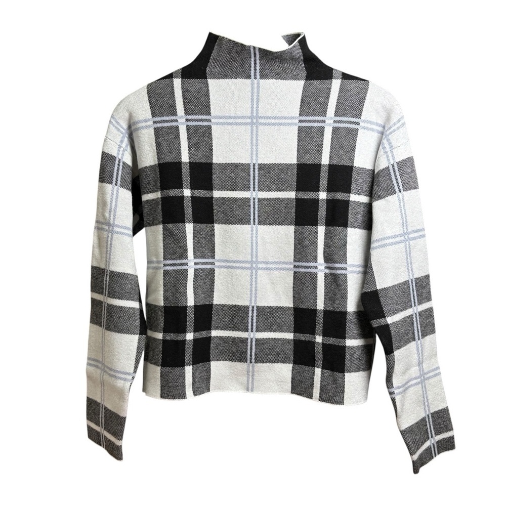 Tahari Cropped Black/White/Blue Plaid Mock Turtleneck Sweater Women’s Size M - Picture 2 of 6